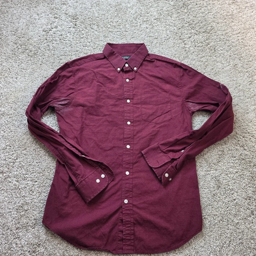 Banana Republic Grant Slim Fit Mens M Cotton Pinpoint Oxford Burgundy Shirt